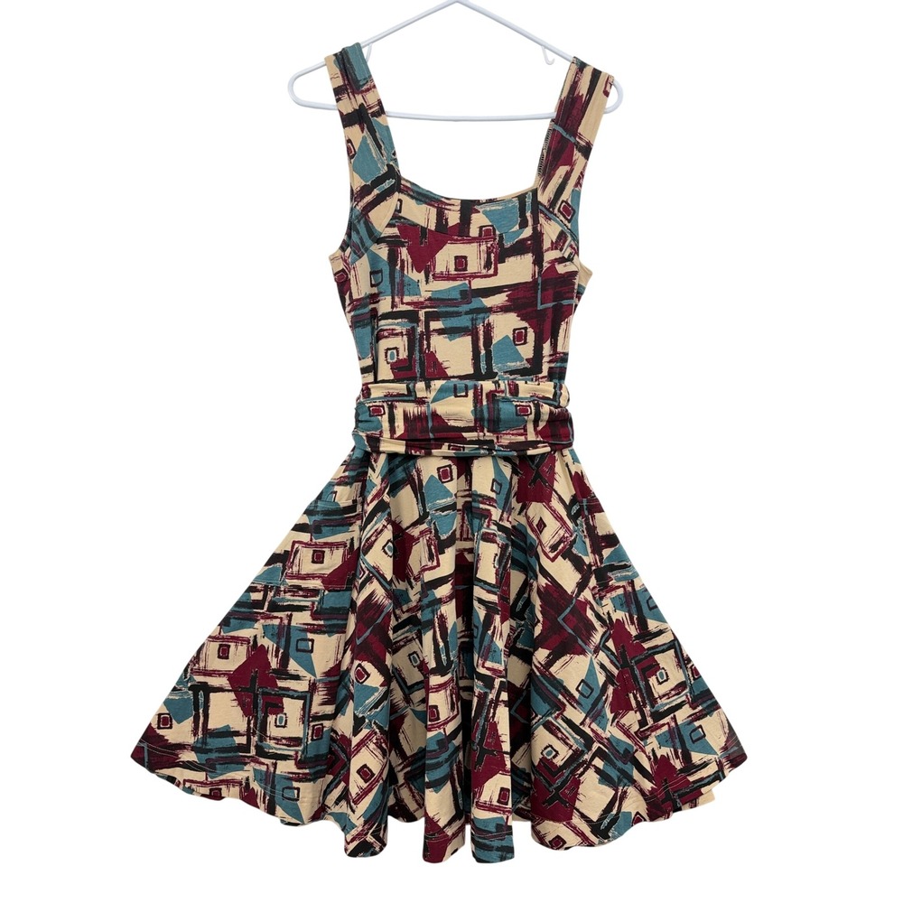 Effie's Heart Dress Womens Large Tan Multicolor Geometric Print Fit and Flare